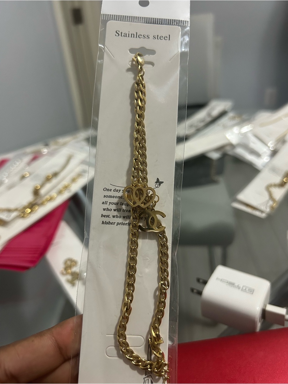Gold Stainless Steel Link Bracelet with Heart Charm
